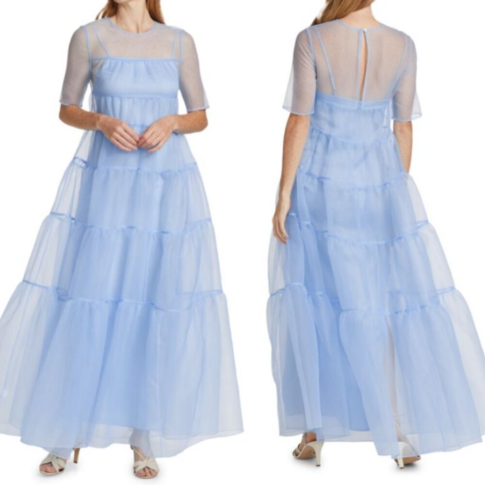 Staud Hyacinth Crinkled Sheer Organza Tiered Maxi Dress in French Blue sz M